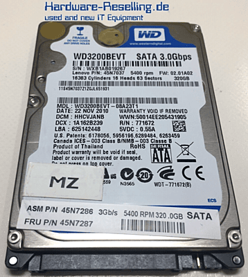 Refurbished Western Digital WD3200BEVT-08A23T1 - 320GB 5.4K RPM SATA 2.5" Hard Drive