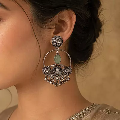 Meher Sage Green Bird Motif Oxidised Chandbali Earrings