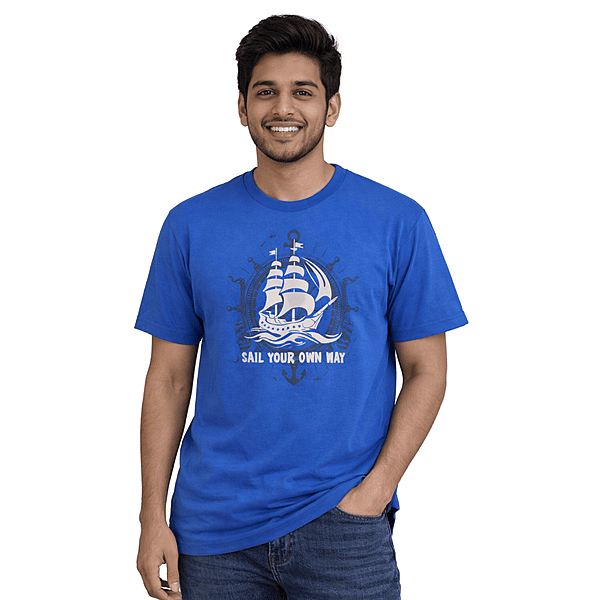 Men’s Blue Sail Your Own Way Graphic T-Shirt – Premium Cotton Travel Print Round Neck Casual Tee