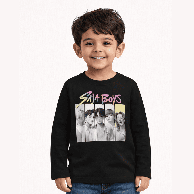 Saja Boys Kids Black Cotton Full Sleeve T-Shirt