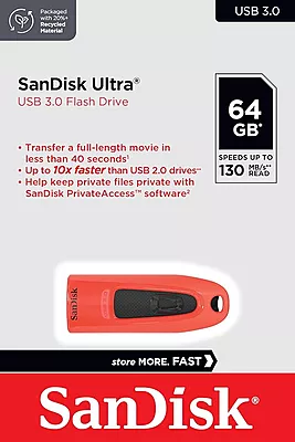 SanDisk Ultra USB 3.0 Flash Drive, CZ48 64GB, USB3.0, Red, Up to 130MB/s, Stylish Sleek Design, 5Y