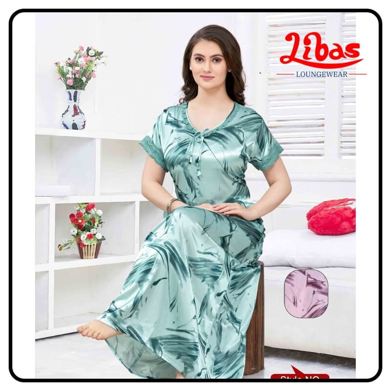 Steel Teal Premium Satin Nighty With Geometric Prints All Over From Libas Loungewear - ST098 Steel Teal Premium Satin Nighty With Geometric Prints All Over From Libas Loungewear - ST098