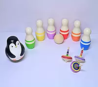 Wooden Bowling Pins Game & Spinning Tops Toy Set