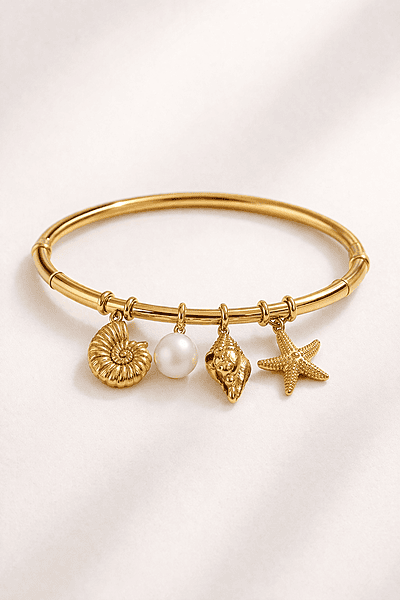 Nautical Gold Charm Bangle with Shell and Starfish