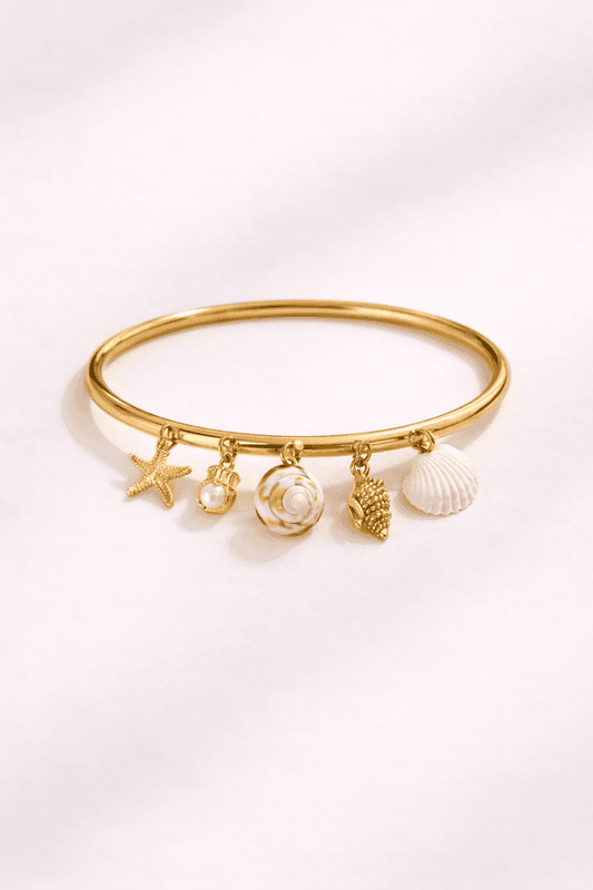 Gold Ocean Shell and Pearl Charm Bracelet