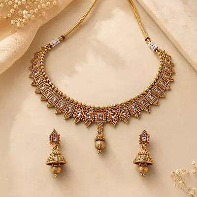 Mayura Antique Gold-Tone Square Stone Choker and Jhumka Earrings Set