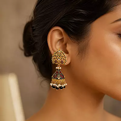Mayura Ruby Black Enamel Peacock Jhumka Earrings