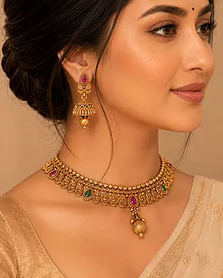 Aarini Antique Gold Paisley Necklace Set with Jhumka Earrings