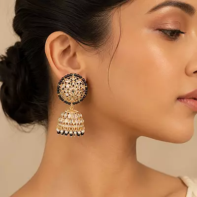 Noor Black Beaded Floral Jhumka & Maang Tikka Set