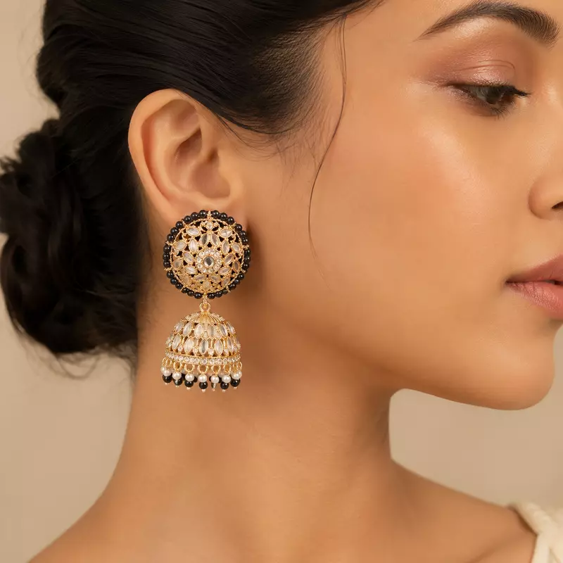 Noor Black Beaded Floral Jhumka & Maang Tikka Set