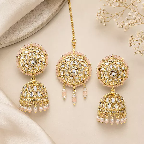 Gulnaar Blush Pink Mirror Jhumka & Maang Tikka Set