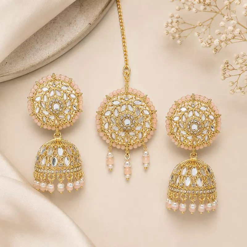 Gulnaar Blush Pink Mirror Jhumka & Maang Tikka Set