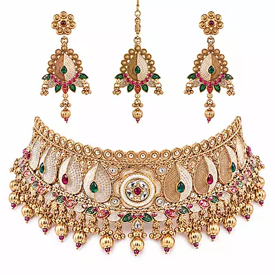 Mehrika Multicolour Enamel Choker Jewellery Set with Earrings and Maang Tikka
