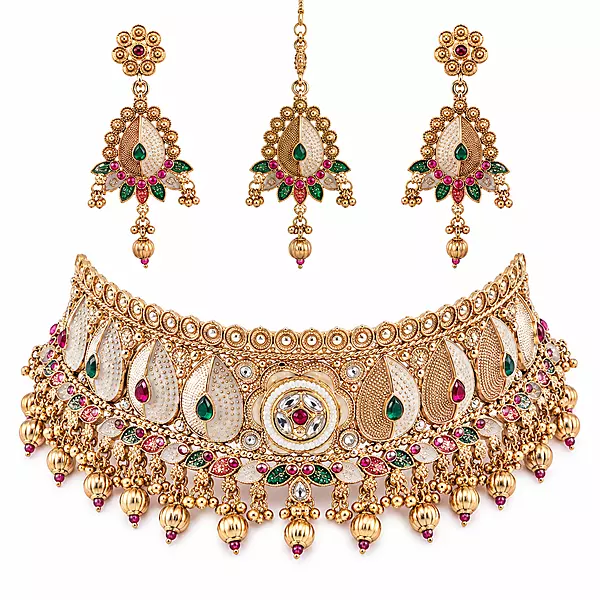 Mehrika Multicolour Enamel Choker Jewellery Set with Earrings and Maang Tikka