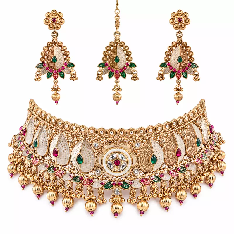 Mehrika Multicolour Enamel Choker Jewellery Set with Earrings and Maang Tikka