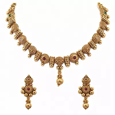 Aaranya Antique Gold-Tone Heritage Necklace and Earrings Set