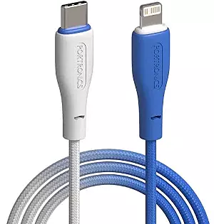 Portronics Hue X – 20W Type-C to Lightning Cable, White+Blue. Fast charging, durable design, perfect for iPhone and iPad. High-speed data transfer, tangle-free, and stylish color combination.