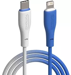 Portronics Hue X – 20W Type-C to Lightning Cable, White+Blue. Fast charging, durable design, perfect for iPhone and iPad. High-speed data transfer, tangle-free, and stylish color combination.