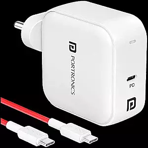 Portronics Adapto 65 Pro 65W Fast Wall Charger – Dual Charging Ports | Compact Design | White