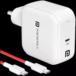 Portronics Adapto 65 Pro 65W Fast Wall Charger – Dual Charging Ports | Compact Design | White