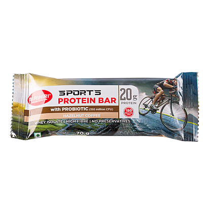 Wrapper of Sirimiri Hazelnut Coffee Protein Bar, highlighting 20g whey protein and probiotics