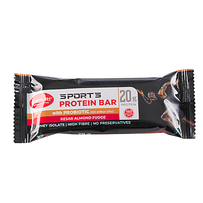 Wrapper of Sirimiri Kesar Almond Fudge Protein Bar, highlighting 20g whey protein and probiotics