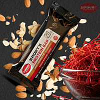 Wrapper of Sirimiri Kesar Almond Fudge Protein Bar, highlighting 20g whey protein and probiotics