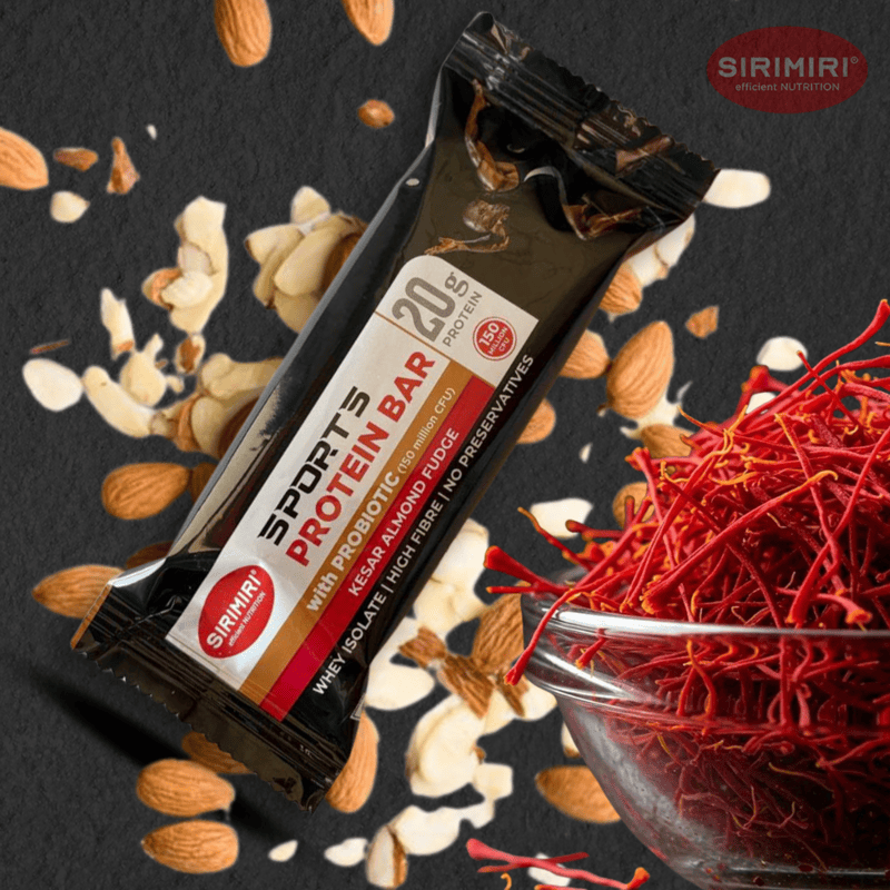 Wrapper of Sirimiri Kesar Almond Fudge Protein Bar, highlighting 20g whey protein and probiotics