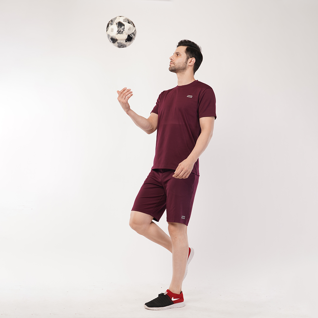 Men's Sports & T-Shirt Set - Zurich 4-Way Lycra, 240-250 GSM, Wine Color (S, M, L) | Stretchable & Breathable Activewear