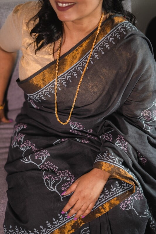 Slate black golden border hand blockprint cotton saree