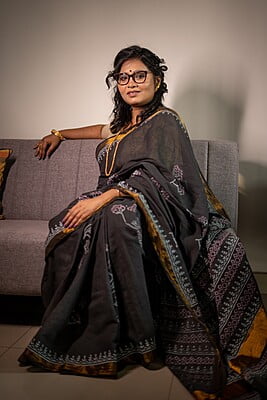 Slate black golden border hand blockprint cotton saree