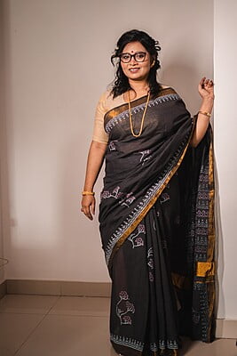 Slate black golden border hand blockprint cotton saree