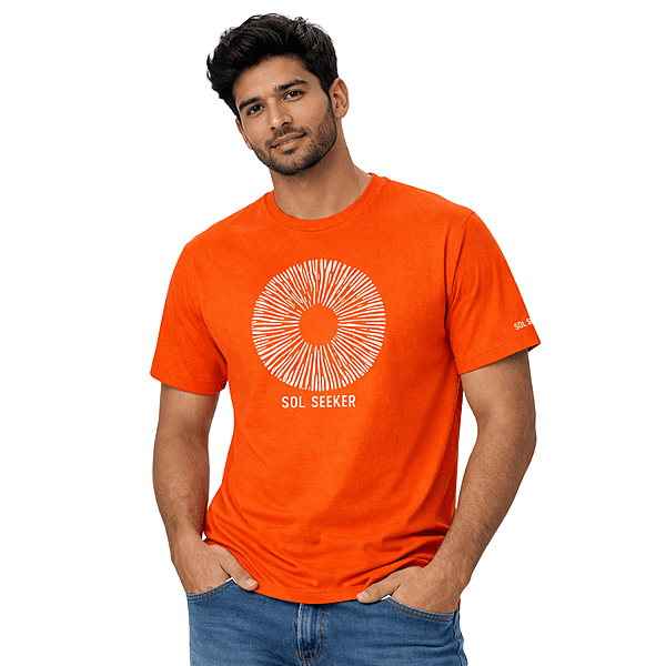 Men’s Orange Sol Seeker Graphic T-Shirt – Premium Cotton Round Neck Printed Casual Tee
