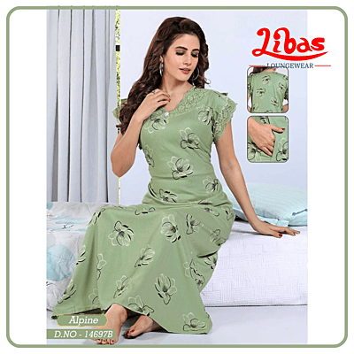 Soap Green Spun Cotton Nighty With Flower Print All Over From Libas Loungewear - AL1121
