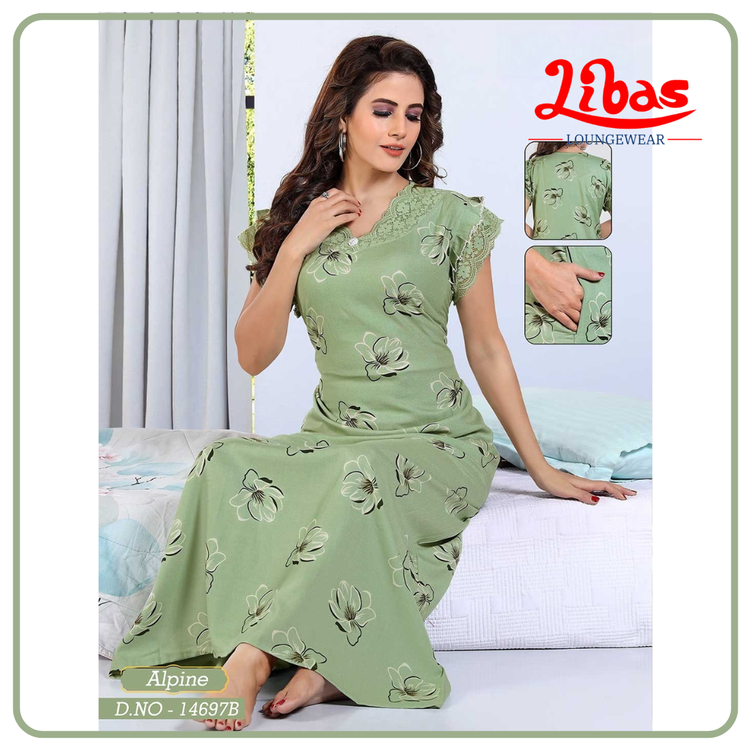 Soap Green Spun Cotton Nighty With Flower Print All Over From Libas Loungewear - AL1121 Soap Green Spun Cotton Nighty With Flower Print All Over From Libas Loungewear - AL1121