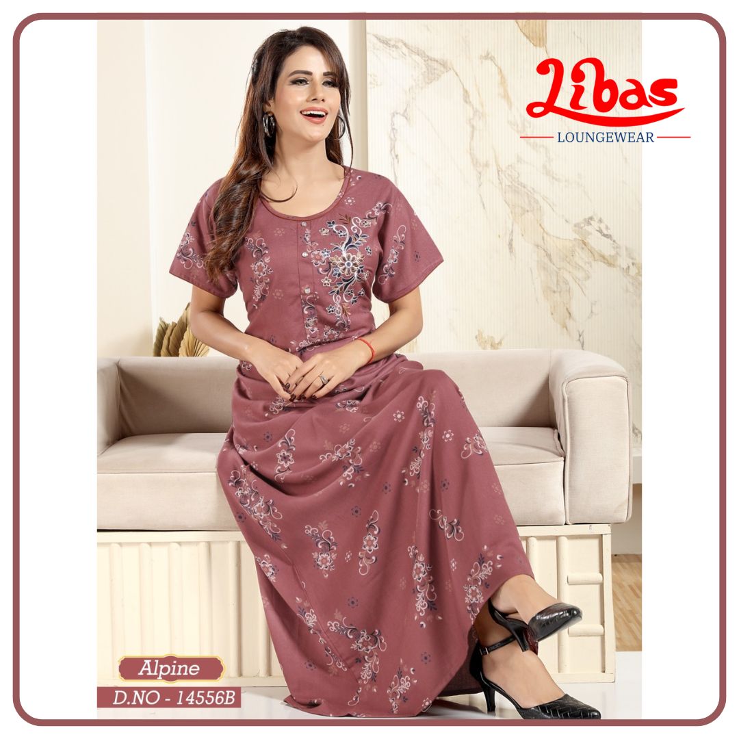 Cowhide Rust Spun Cotton Nighty With Floral Print All Over From Libas Loungewear - PS551 Cowhide Rust Spun Cotton Nighty With Floral Print All Over From Libas Loungewear - PS551