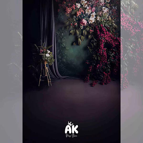 Green Floral Curtain Portrait
