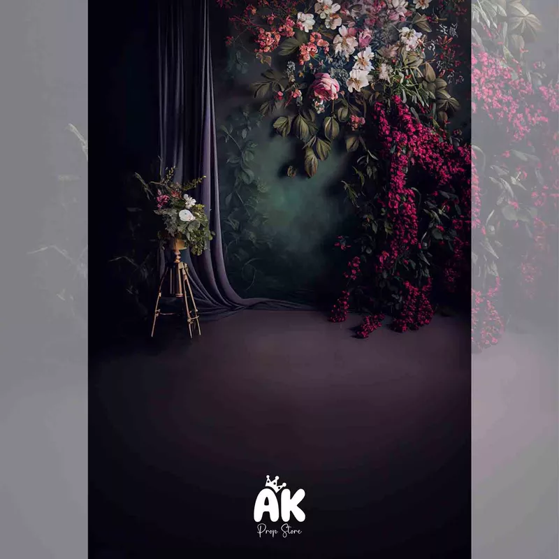 Green Floral Curtain Portrait