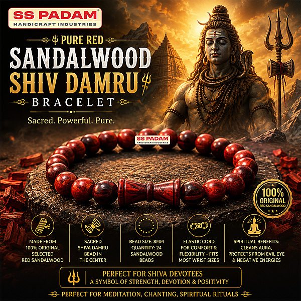 8mm Red Sandalwood Lal Chandan Shiv Damru Bracelet