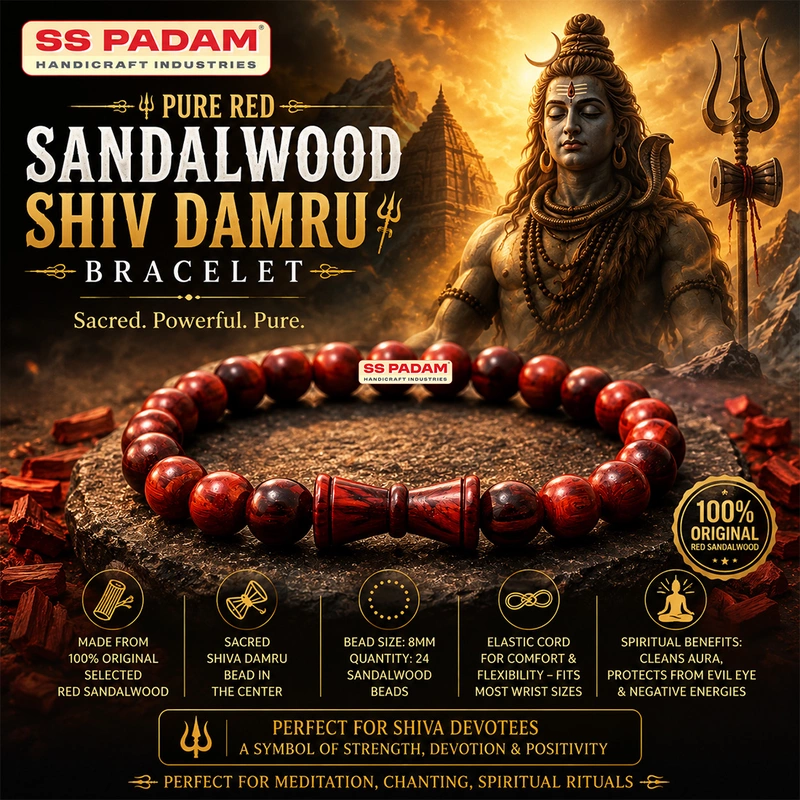 8mm Red Sandalwood Lal Chandan Shiv Damru Bracelet