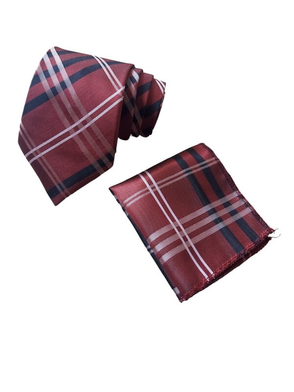 Burgundy Striped Necktie with Pocket Square