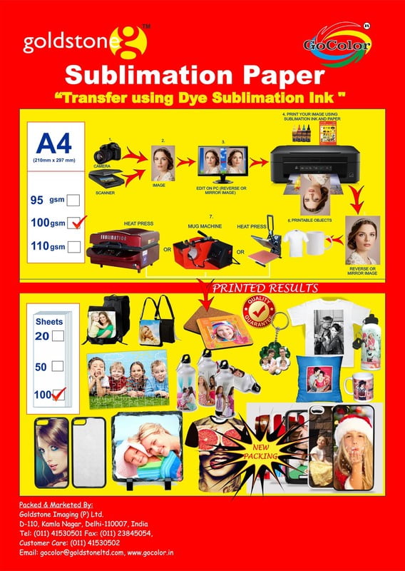 GoColor High Quality Dye Sublimation Inkjet Paper 110 GSM A4/100 Sheets for Mug and T-Shirt Printing GoColor High Quality Dye Sublimation Inkjet Paper 110 GSM A4/100 Sheets for Mug and T-Shirt Printing