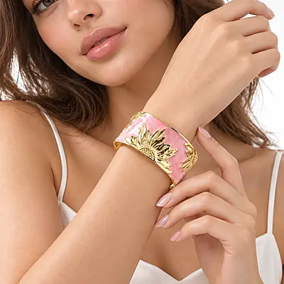 Rosmira Blush Sunflower 18K Gold-Plated Enamel Cuff Bracelet