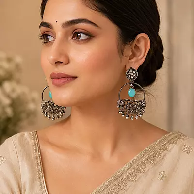 Firoza Aqua Stone Bird Motif Oxidised Chandbali Earrings