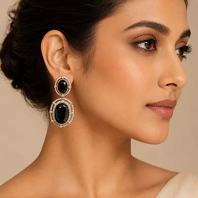 Noir Royale Black Oval Statement Drop Earrings