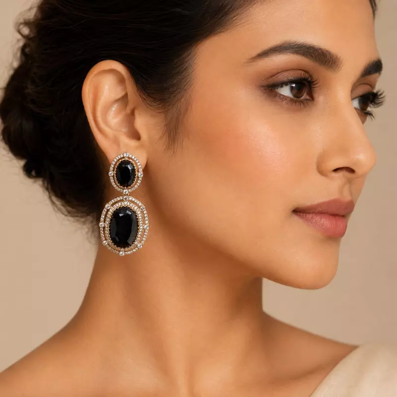 Noir Royale Black Oval Statement Drop Earrings