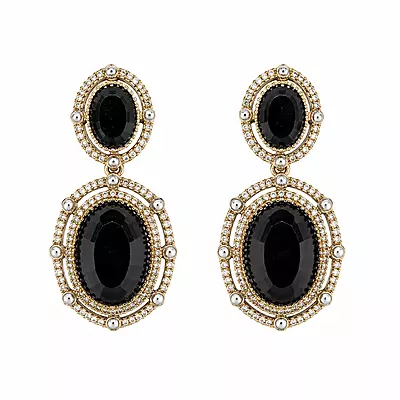 Noir Royale Black Oval Statement Drop Earrings