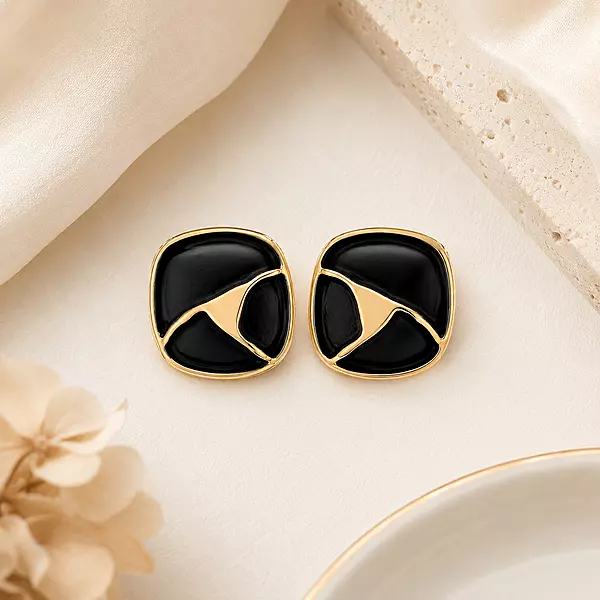 Noira Black Abstract Gold-Tone Square Stud Earrings