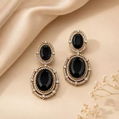 Noir Royale Black Oval Statement Drop Earrings