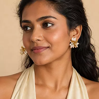 Elara Ivory Bloom Gold-Tone Floral Stud Earrings
